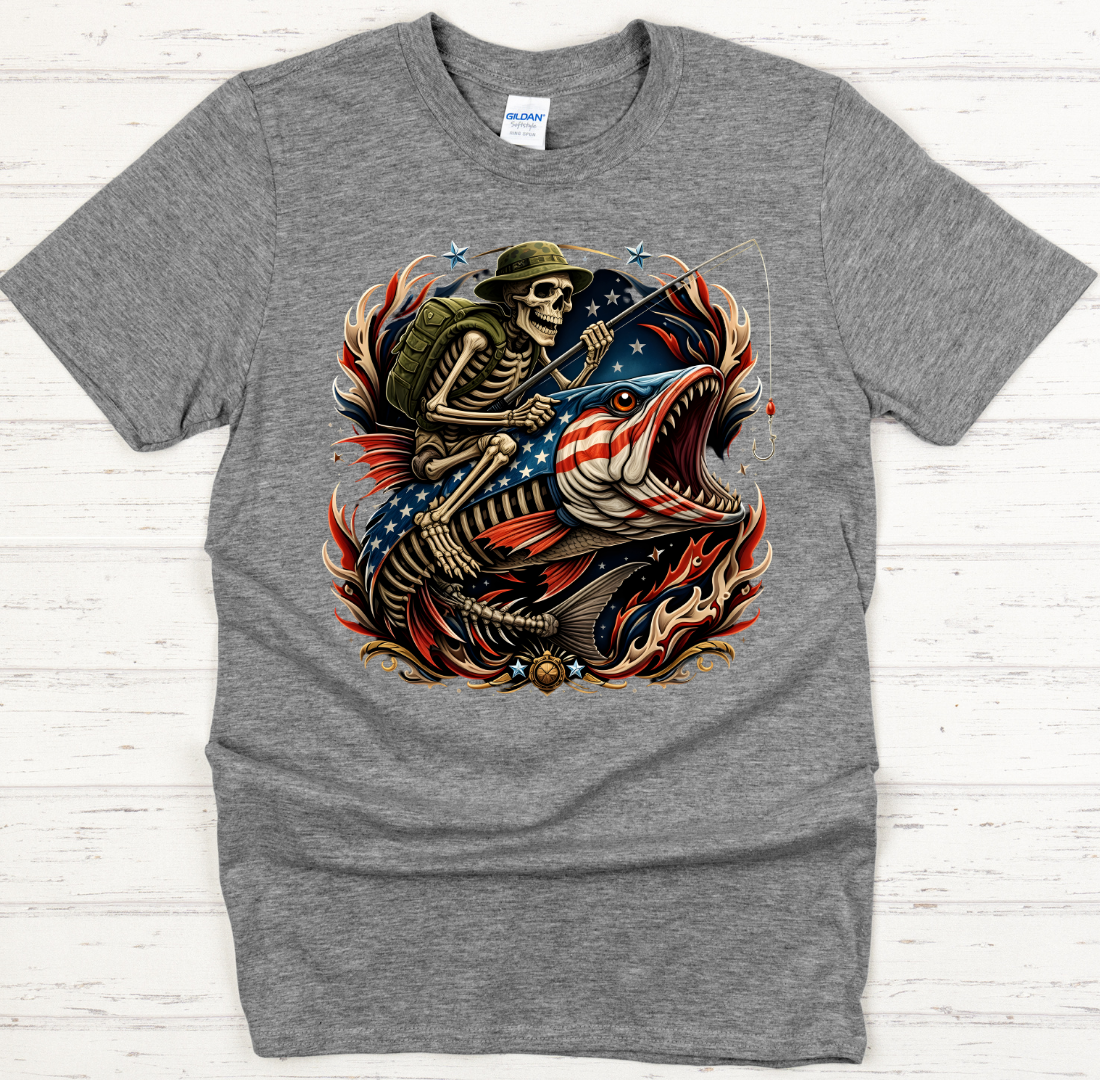 Patriotic Skeleton Fishing American Angler Shirt on Gildan Softstyle Tee