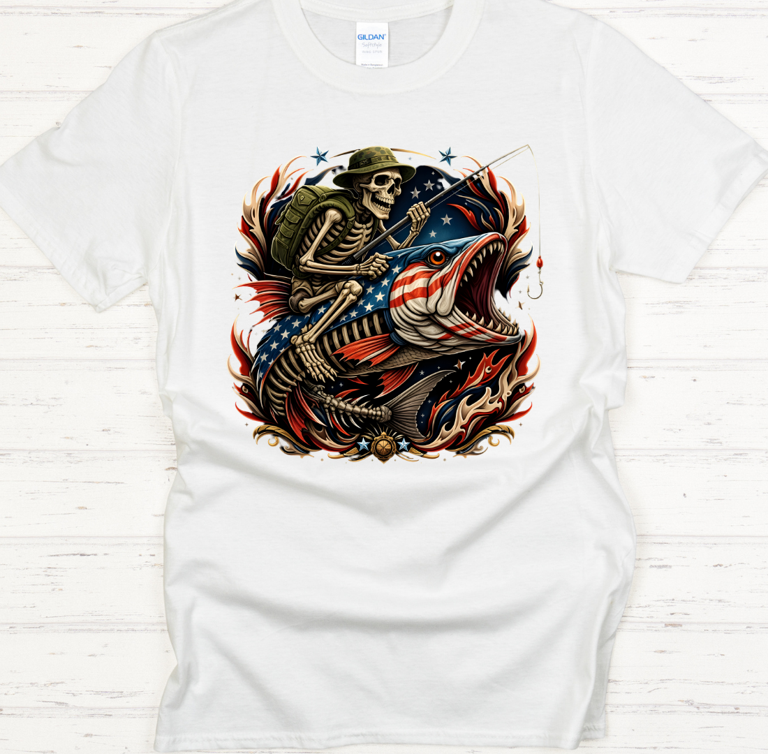 Patriotic Skeleton Fishing American Angler Shirt on Gildan Softstyle Tee