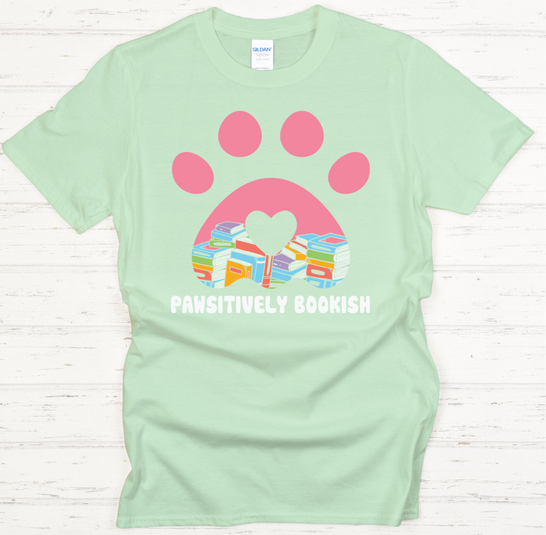 Pawsitively Bookish Graphic Shirt on Gildan Softstyle Tee