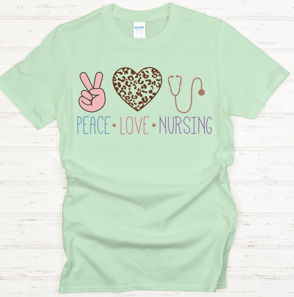 Peace Love Nursing Graphic Shirt on Gildan Softstyle Tee