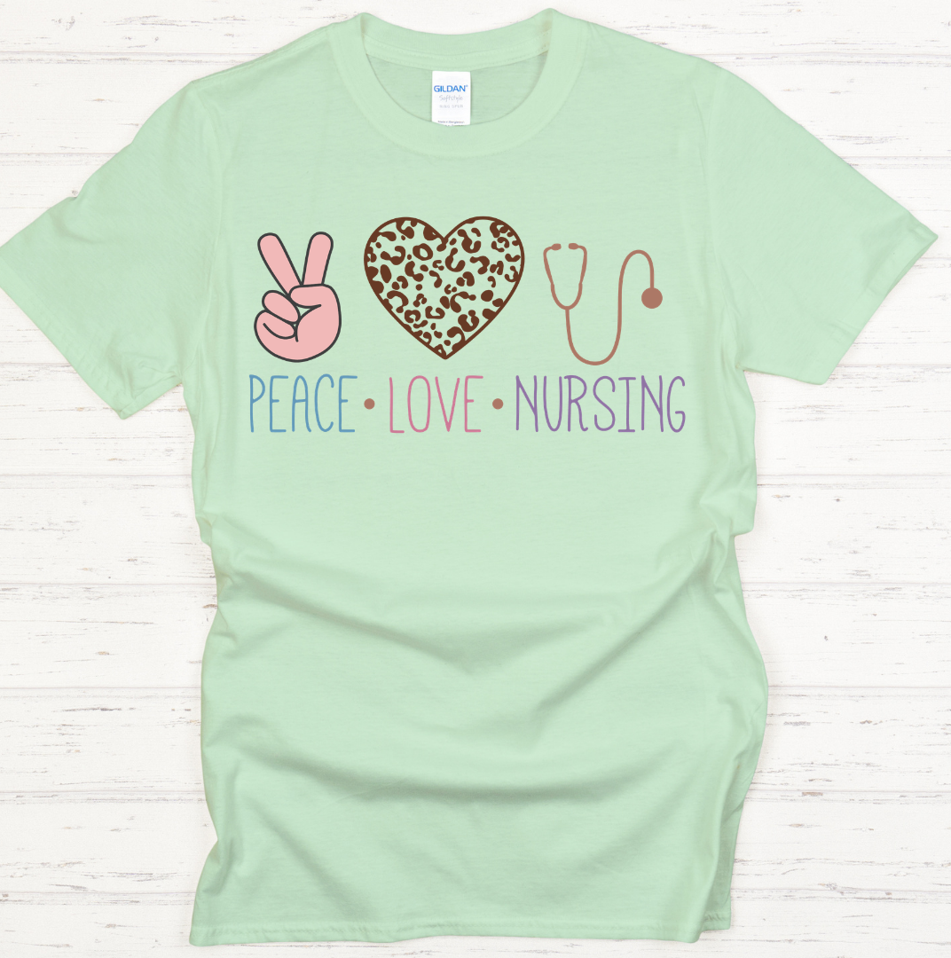 Peace Love Nursing Graphic Shirt on Gildan Softstyle Tee