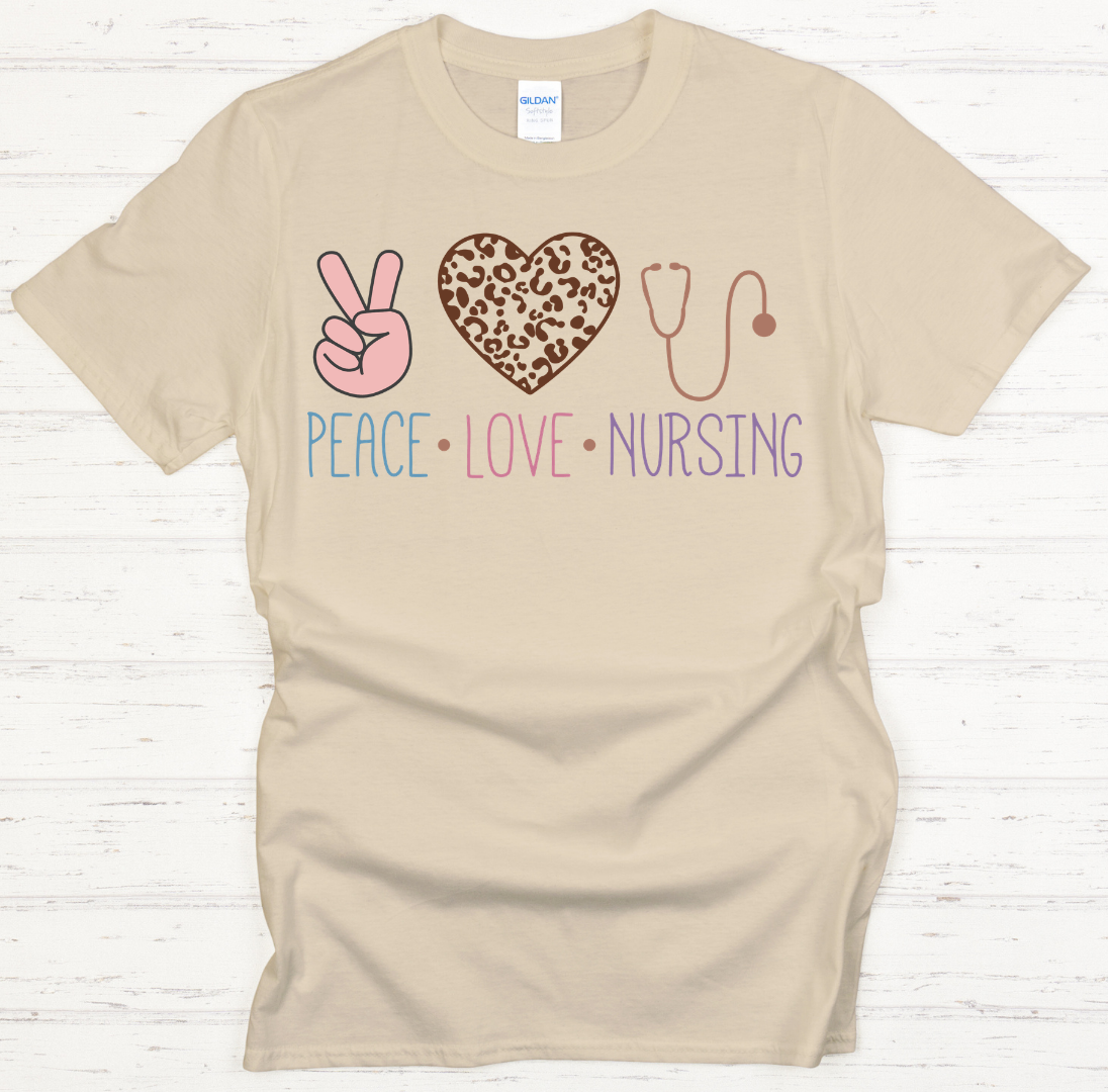 Peace Love Nursing Graphic Shirt on Gildan Softstyle Tee