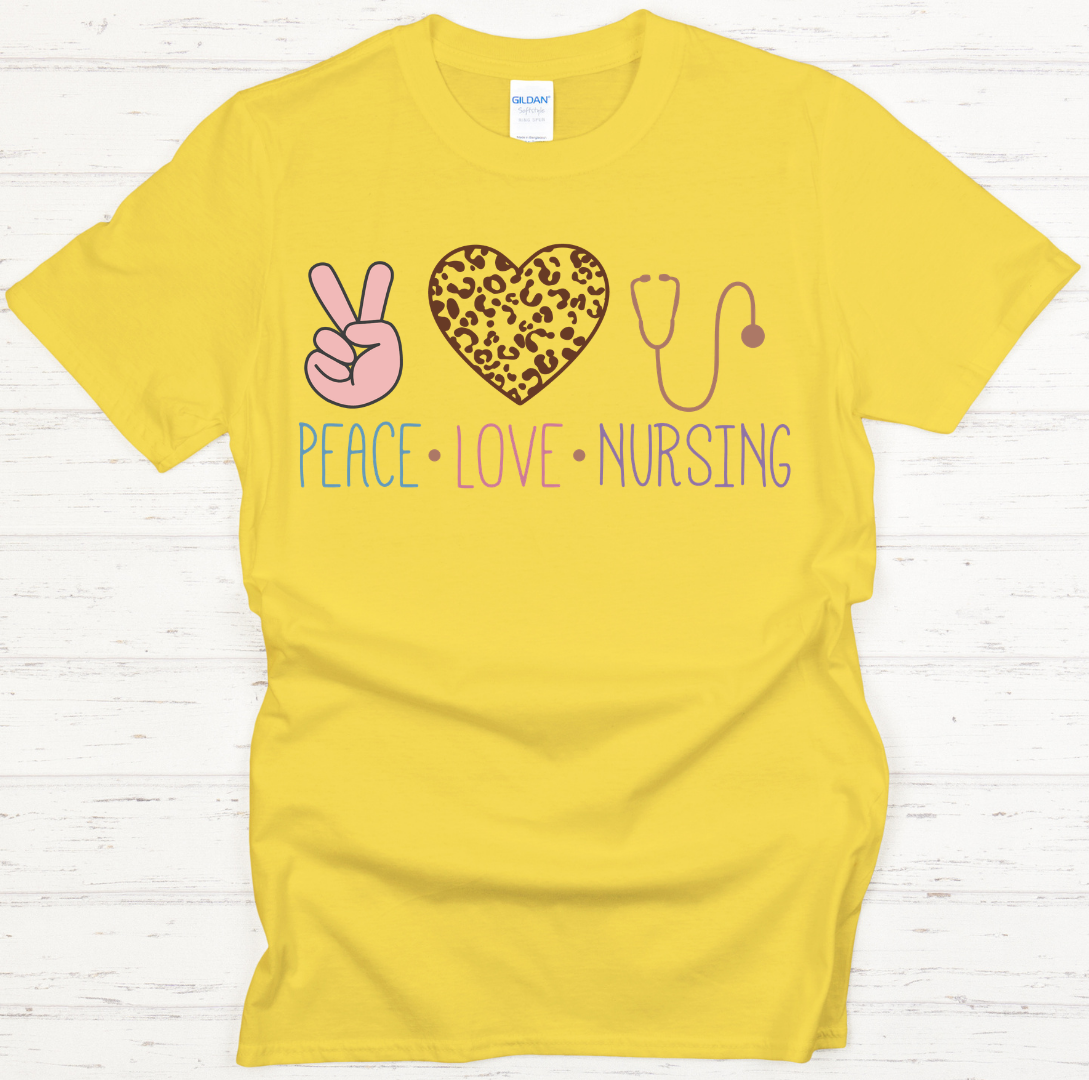 Peace Love Nursing Graphic Shirt on Gildan Softstyle Tee