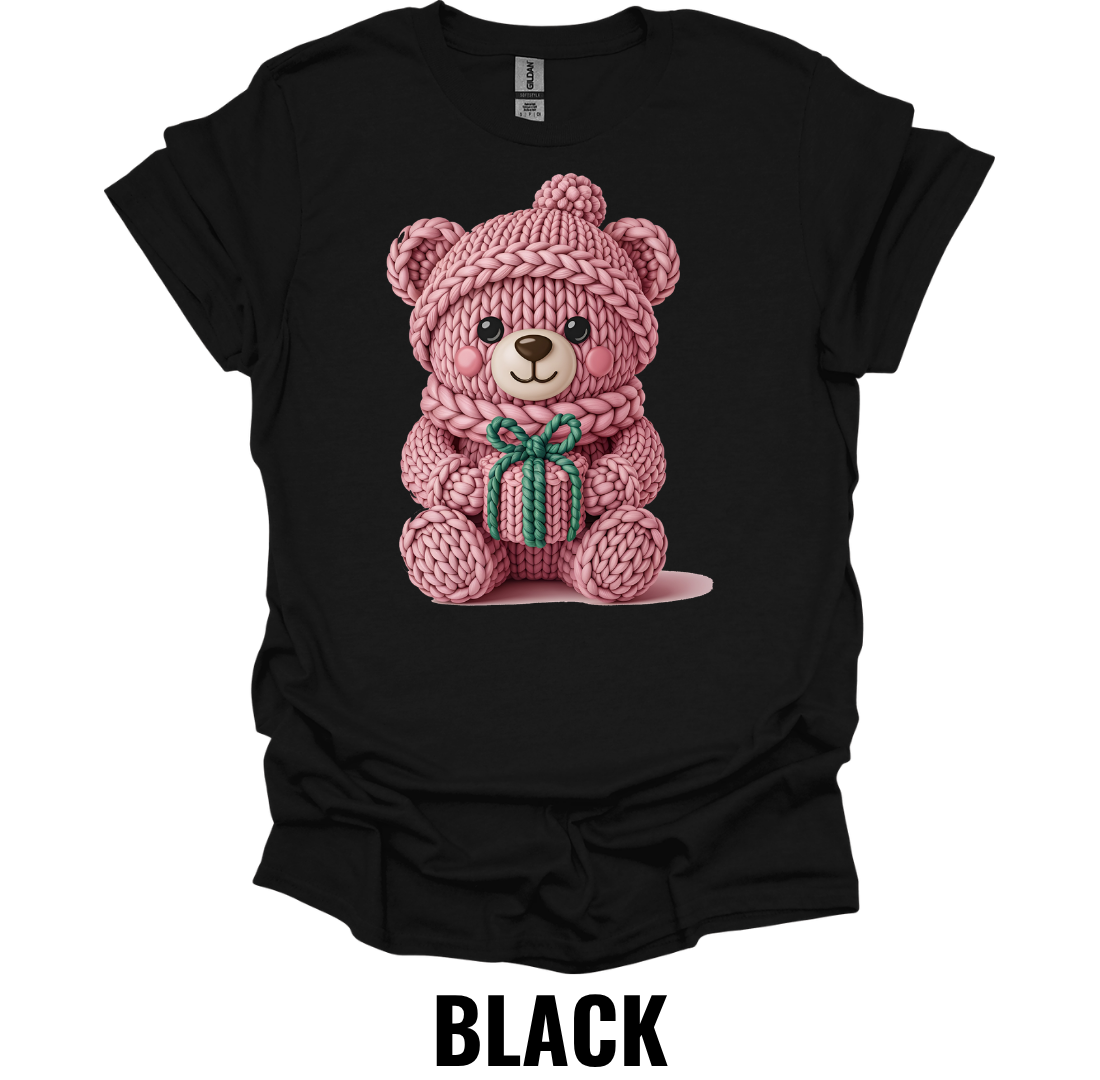 Pink Knitted Teddy Bear Christmas Shirt – Cute Holiday Gift Bear Graphic Tee