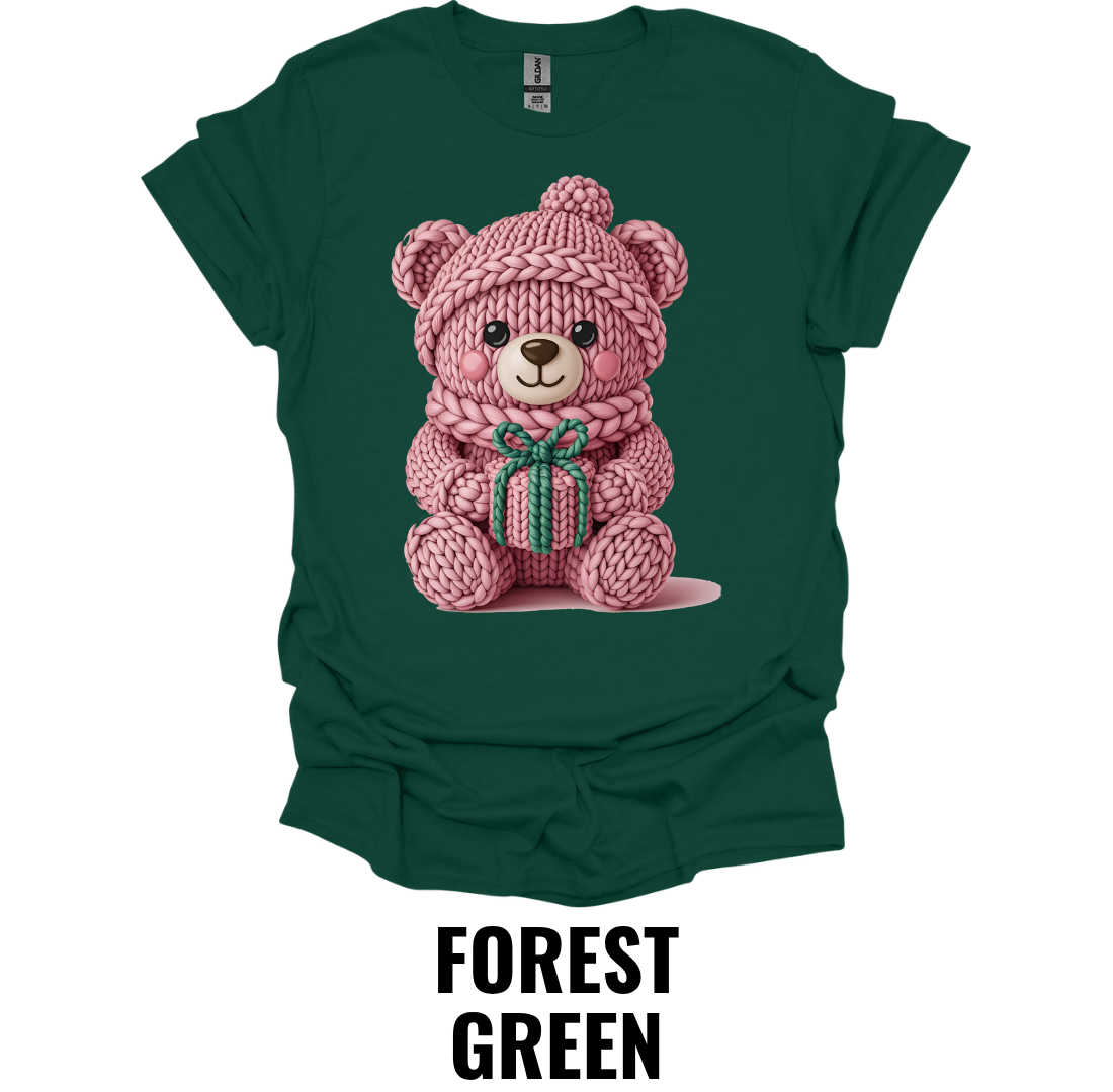 Pink Knitted Teddy Bear Christmas Shirt – Cute Holiday Gift Bear Graphic Tee