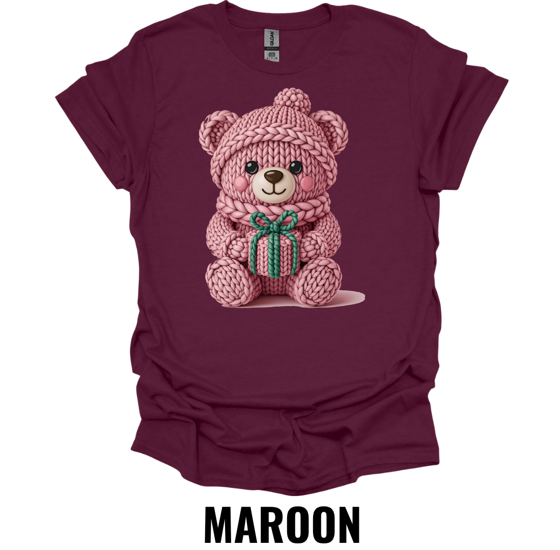 Pink Knitted Teddy Bear Christmas Shirt – Cute Holiday Gift Bear Graphic Tee