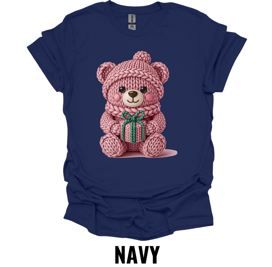 Pink Knitted Teddy Bear Christmas Shirt – Cute Holiday Gift Bear Graphic Tee