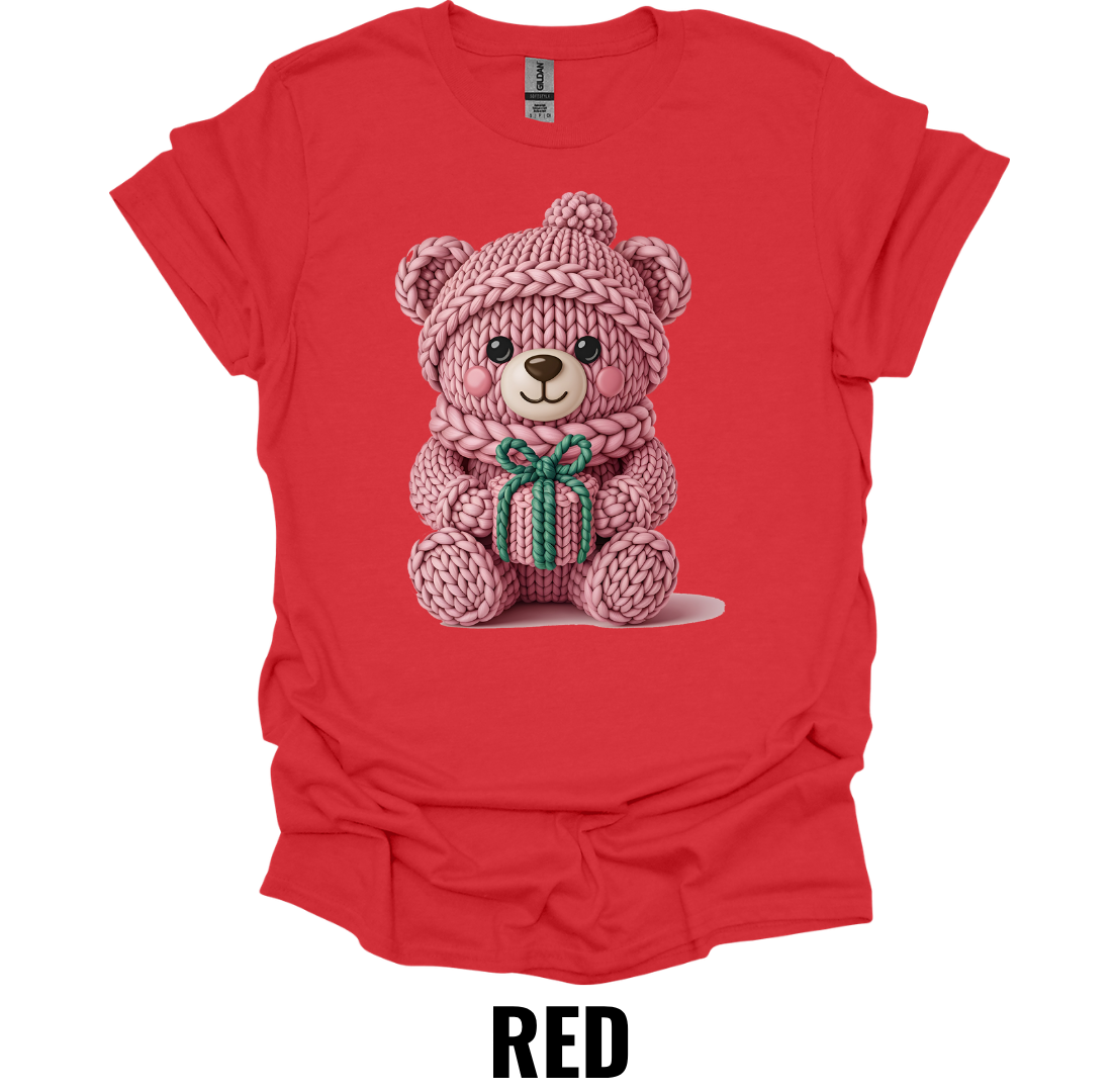 Pink Knitted Teddy Bear Christmas Shirt – Cute Holiday Gift Bear Graphic Tee