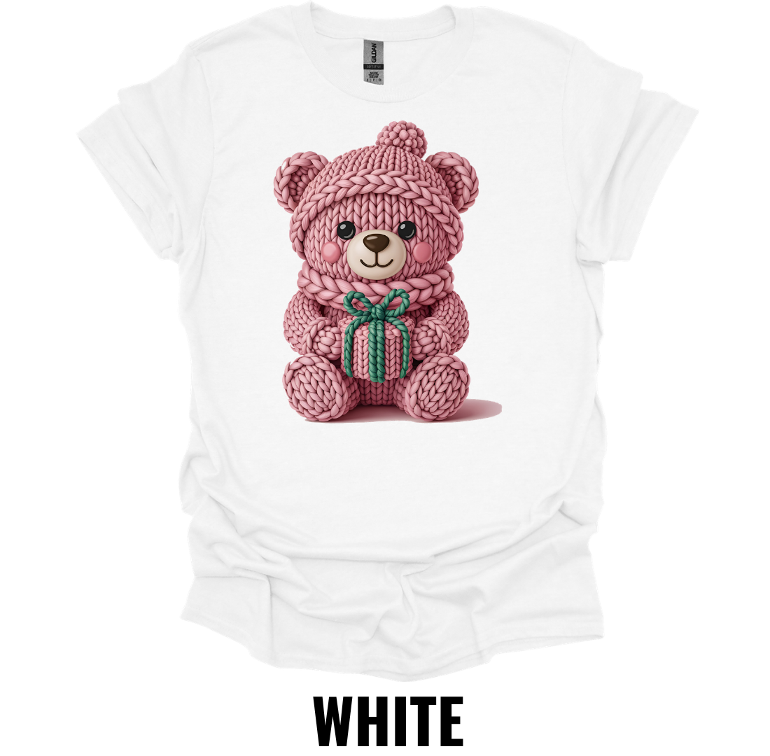 Pink Knitted Teddy Bear Christmas Shirt – Cute Holiday Gift Bear Graphic Tee