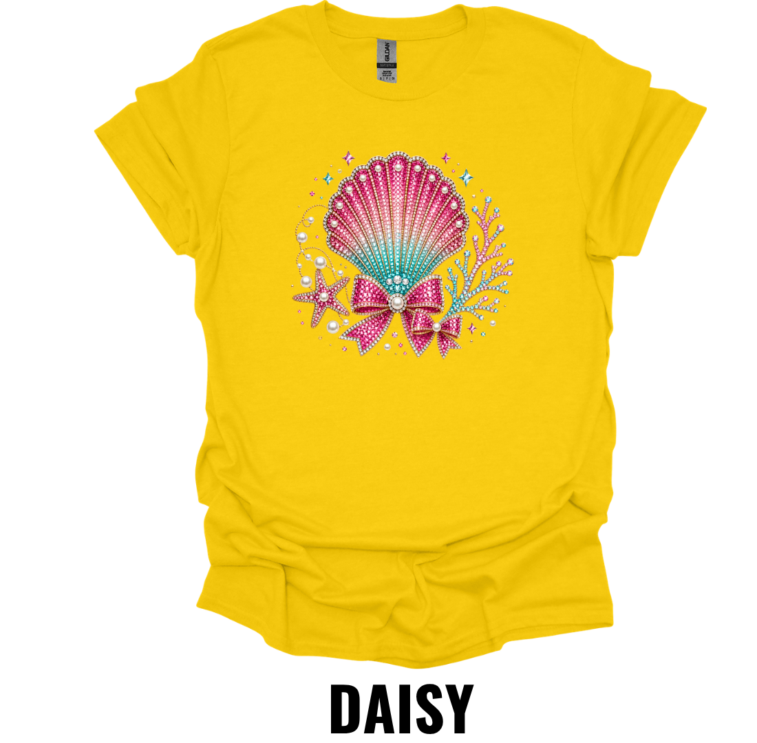 Coastal Seashell Bow T-Shirt – Beach Mermaid Graphic Tee