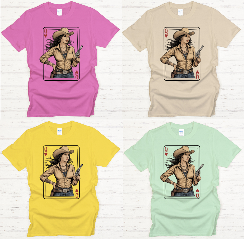Queen of Hearts Cowgirl Playing Card Shirt – Retro Western Card Queen Tee