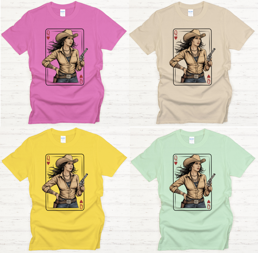 Queen of Hearts Cowgirl Playing Card Shirt – Retro Western Card Queen Tee