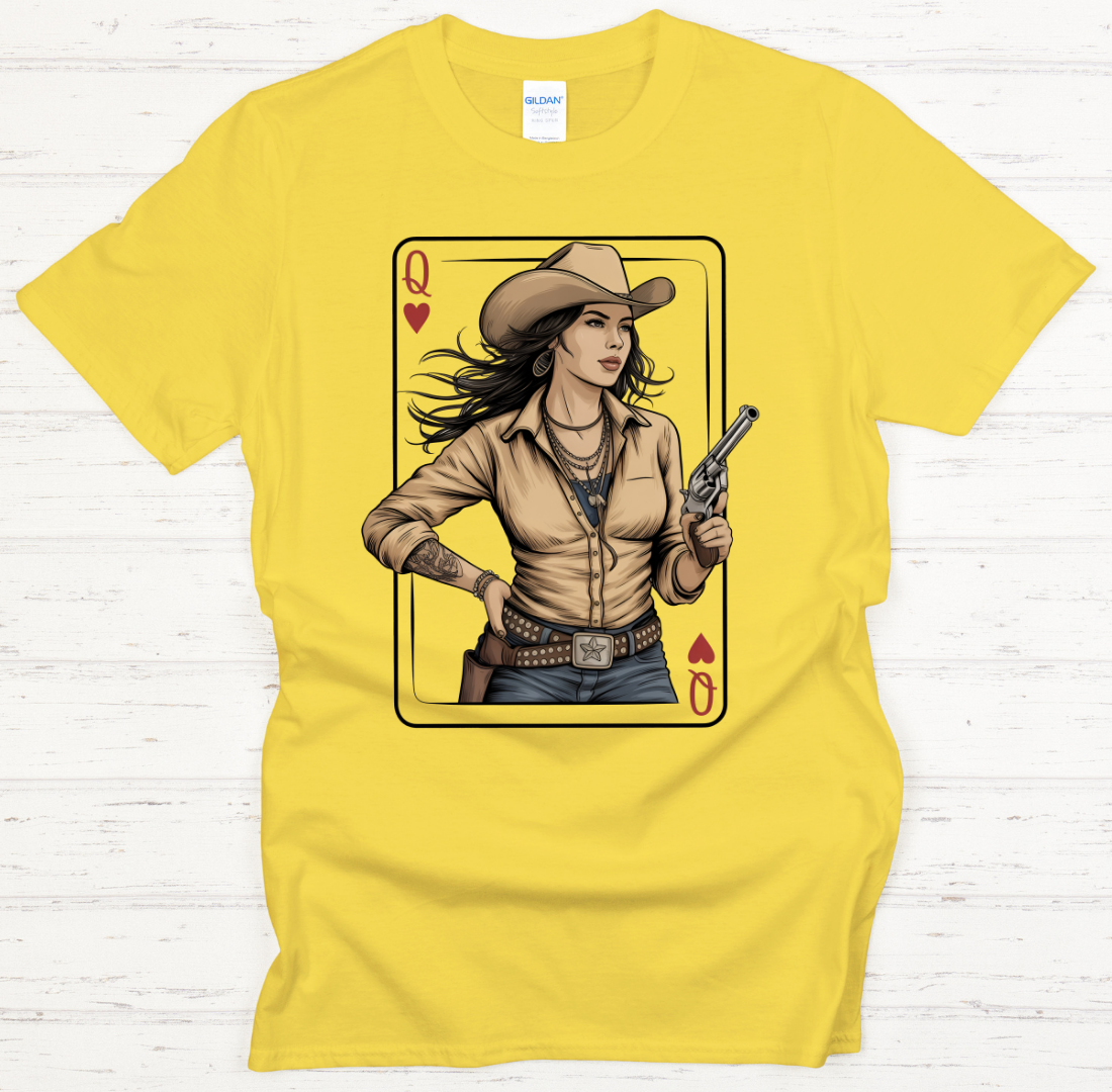 Queen of Hearts Cowgirl Playing Card Shirt – Retro Western Card Queen Tee