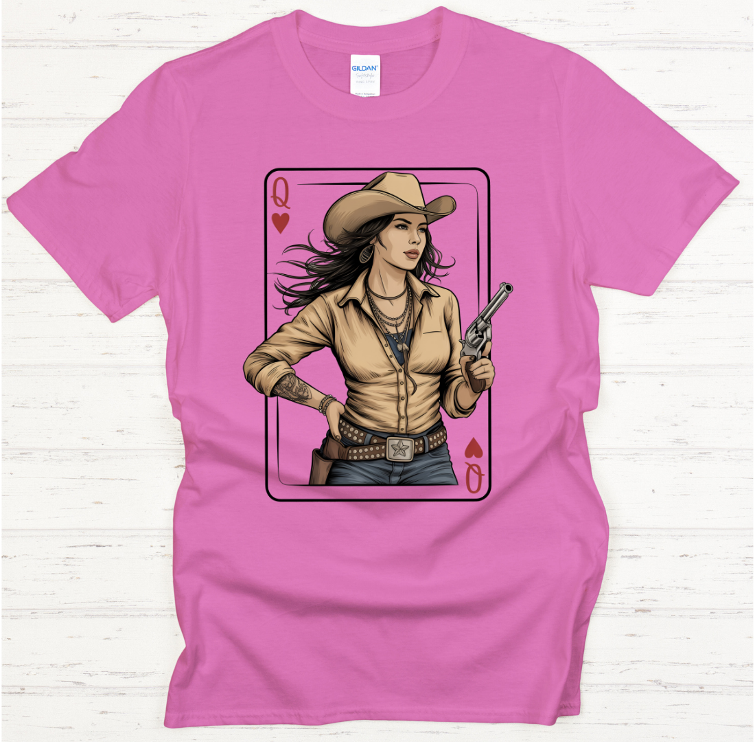 Queen of Hearts Cowgirl Playing Card Shirt – Retro Western Card Queen Tee