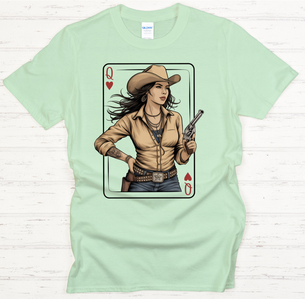 Queen of Hearts Cowgirl Playing Card Shirt – Retro Western Card Queen Tee