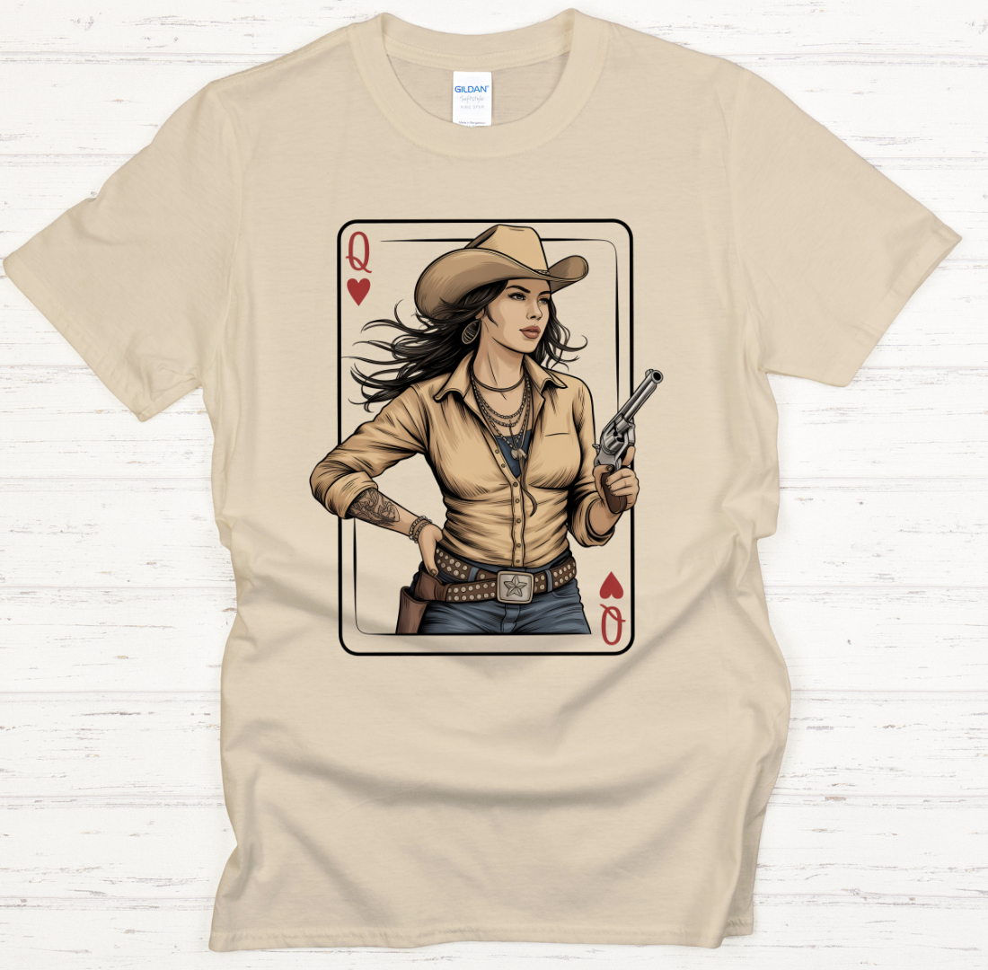 Queen of Hearts Cowgirl Playing Card Shirt – Retro Western Card Queen Tee