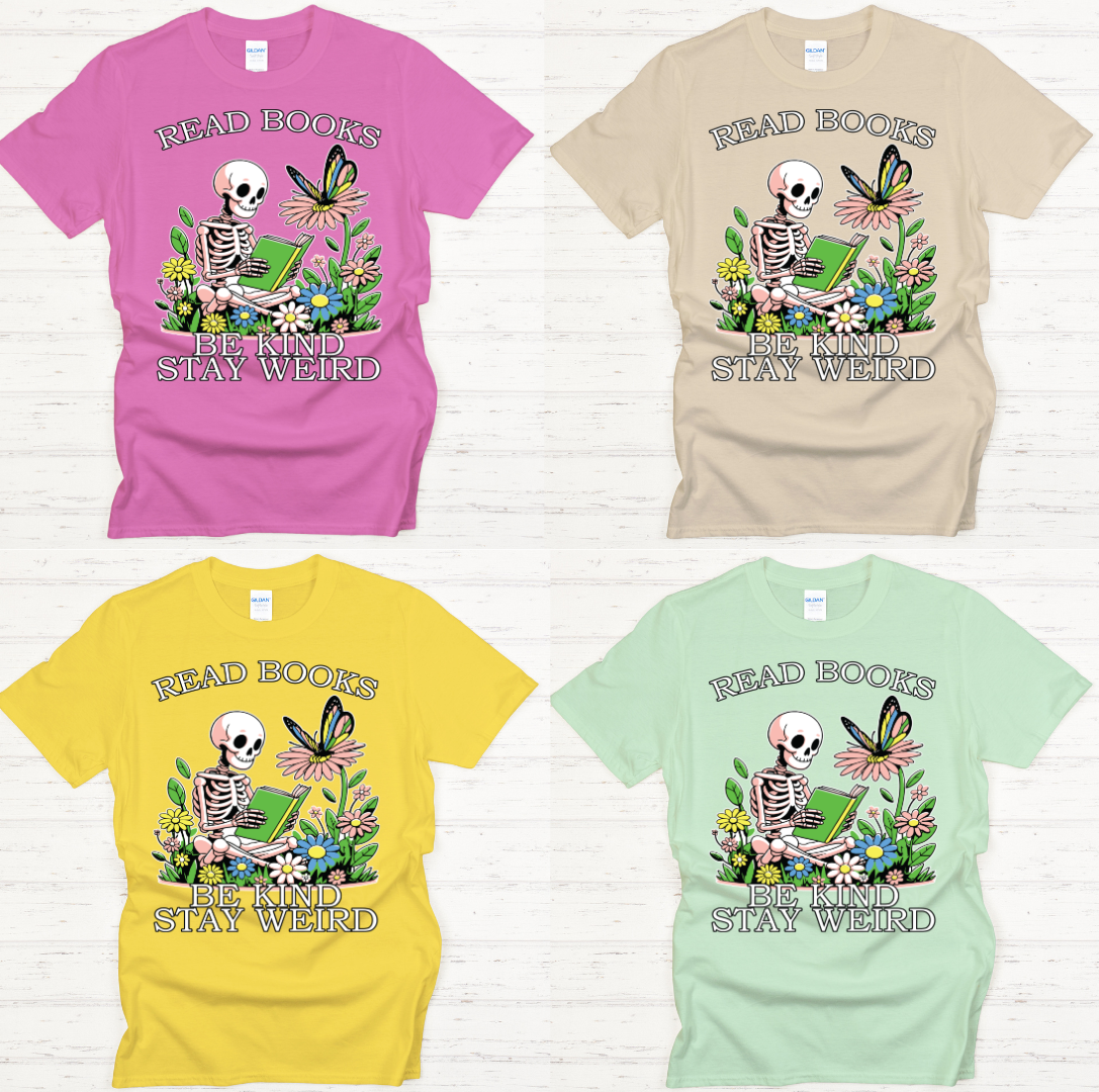 Read Books Be Kind Stay Weird Graphic Shirt on Gildan Softstyle Tee