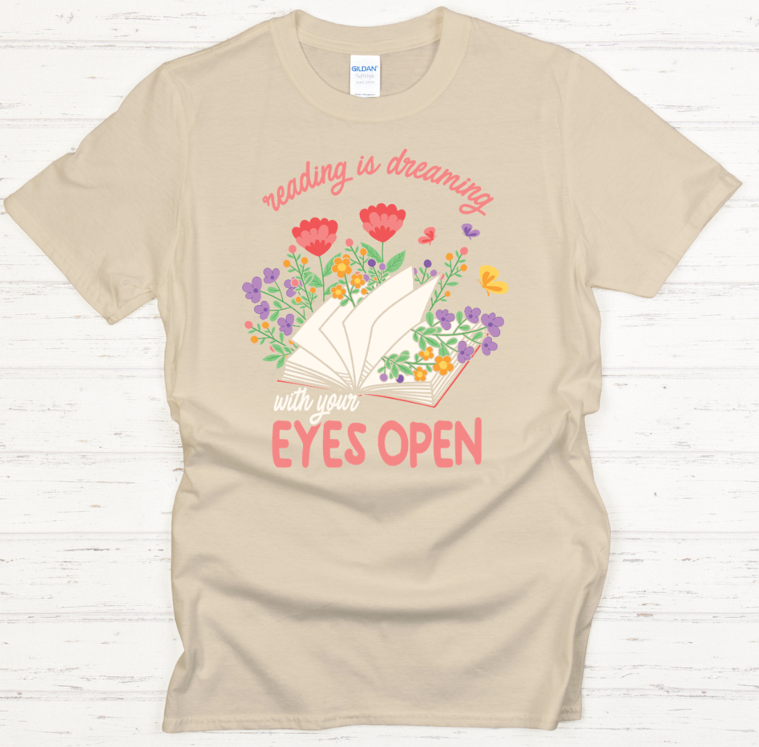 Reading Is Dreaming With Your Eyes Open Floral Book Shirt on Gildan Softstyle Tee