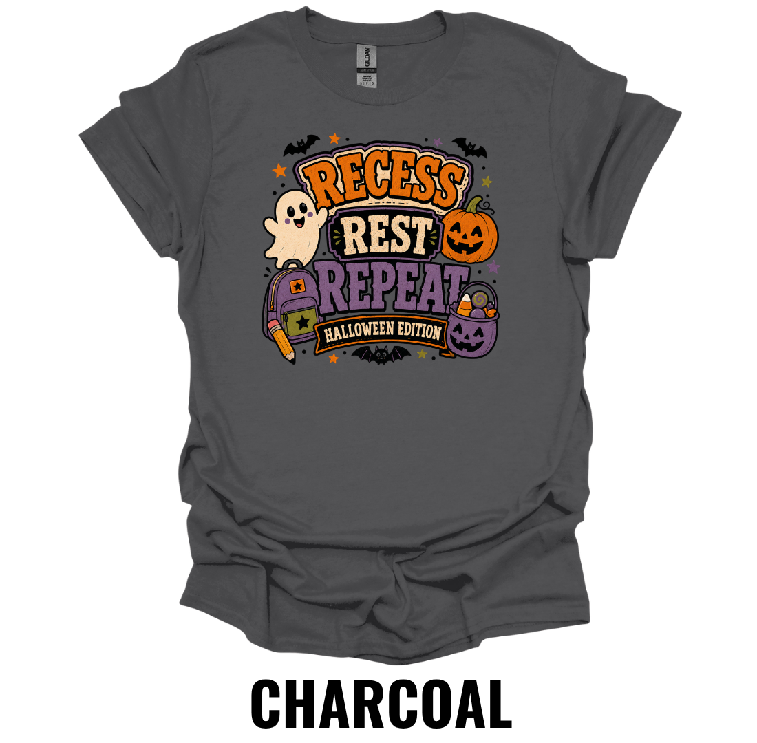 Recess Rest Repeat Halloween Edition Youth Halloween Teacher T-Shirt – Kids School Ghost Pumpkin Graphic Tee