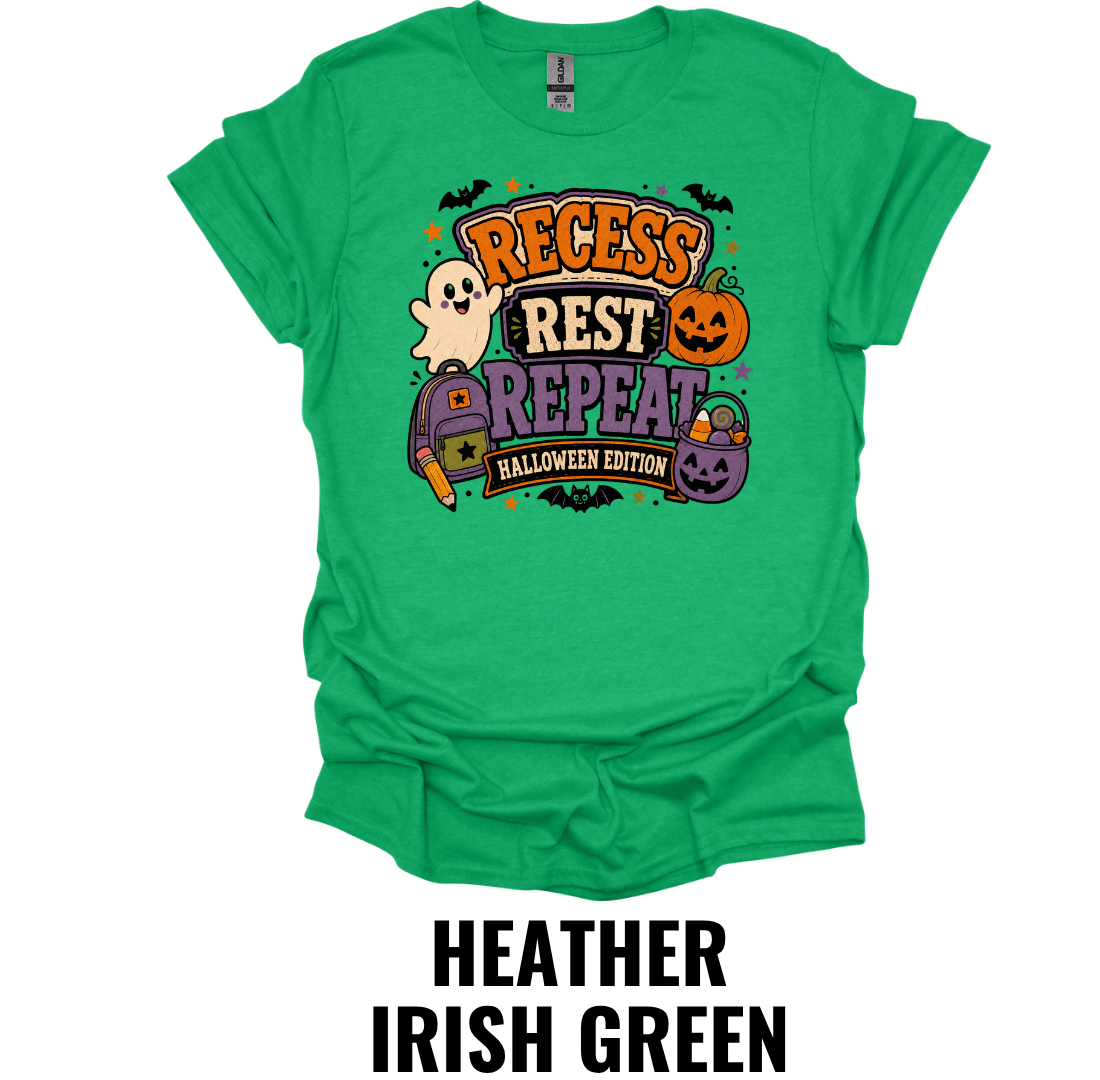 Recess Rest Repeat Halloween Edition Youth Halloween Teacher T-Shirt – Kids School Ghost Pumpkin Graphic Tee
