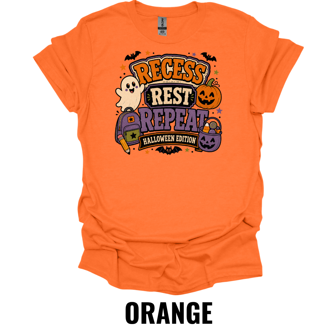Recess Rest Repeat Halloween Edition Youth Halloween Teacher T-Shirt – Kids School Ghost Pumpkin Graphic Tee