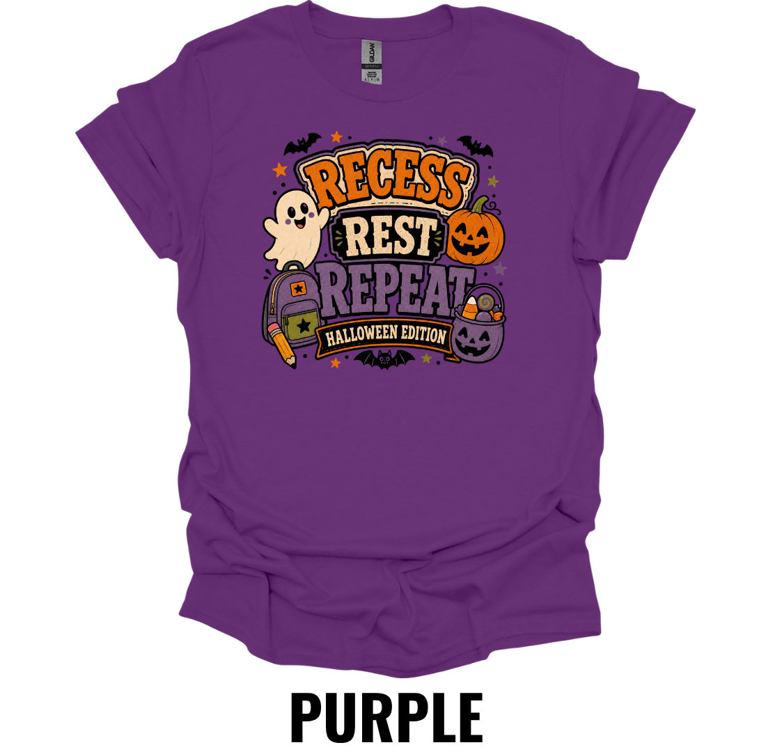 Recess Rest Repeat Halloween Edition Youth Halloween Teacher T-Shirt – Kids School Ghost Pumpkin Graphic Tee