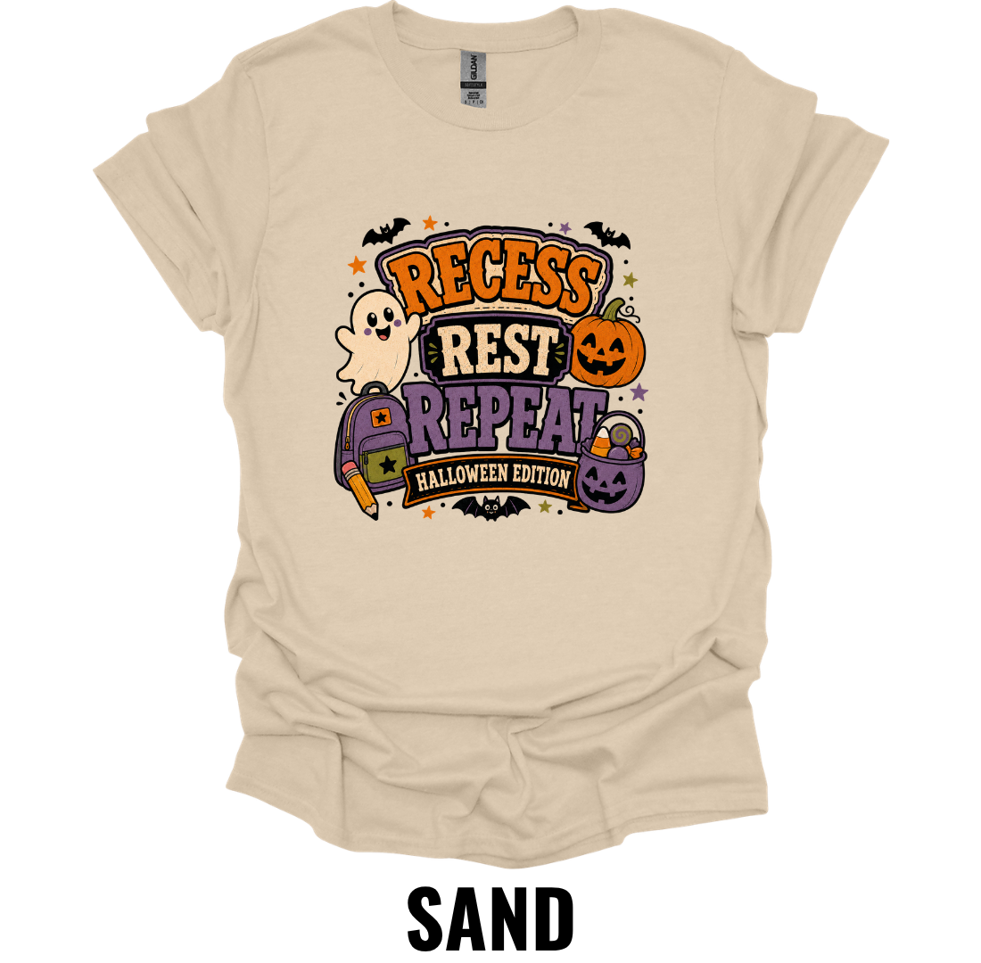 Recess Rest Repeat Halloween Edition Youth Halloween Teacher T-Shirt – Kids School Ghost Pumpkin Graphic Tee