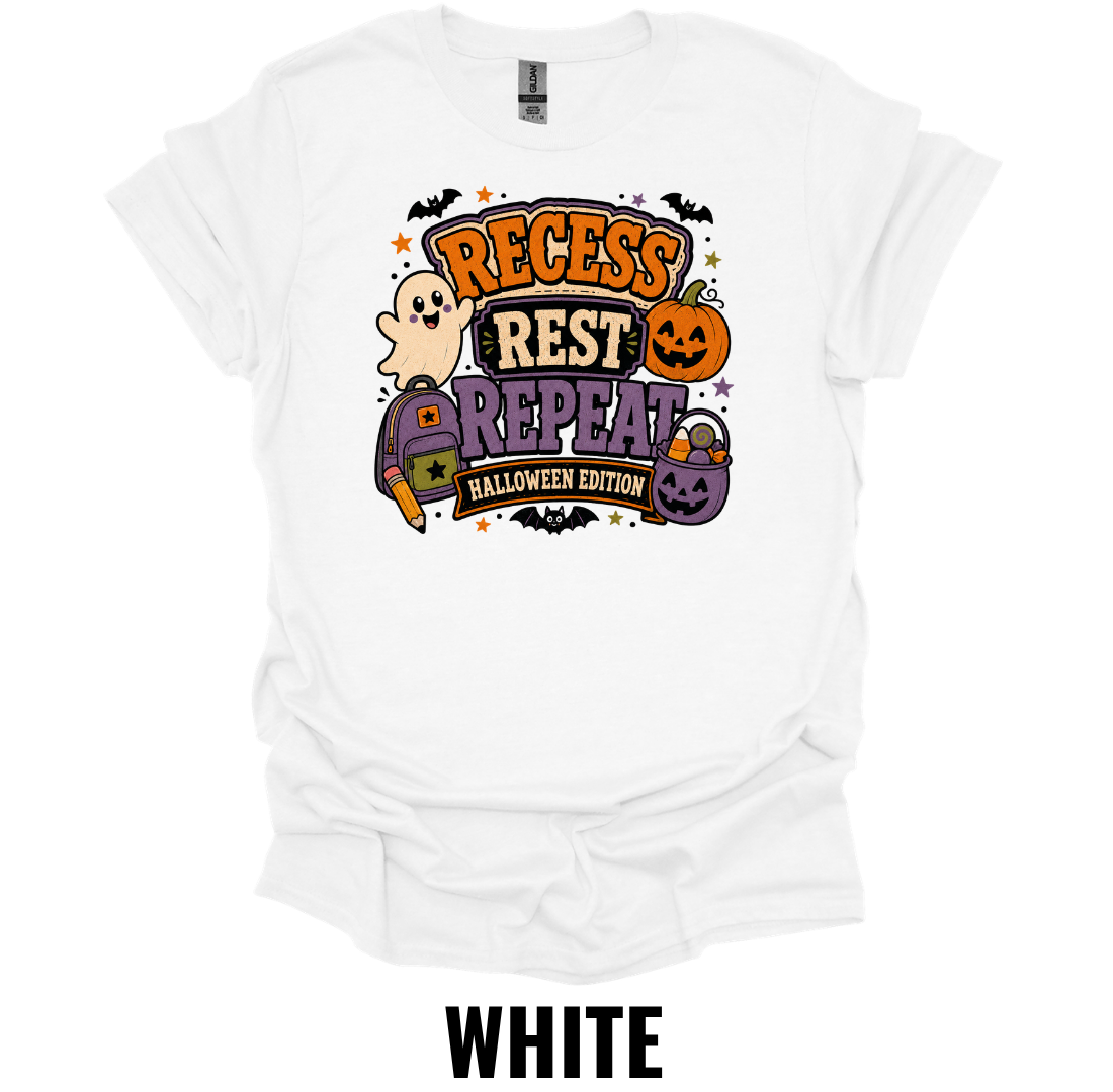 Recess Rest Repeat Halloween Edition Youth Halloween Teacher T-Shirt – Kids School Ghost Pumpkin Graphic Tee
