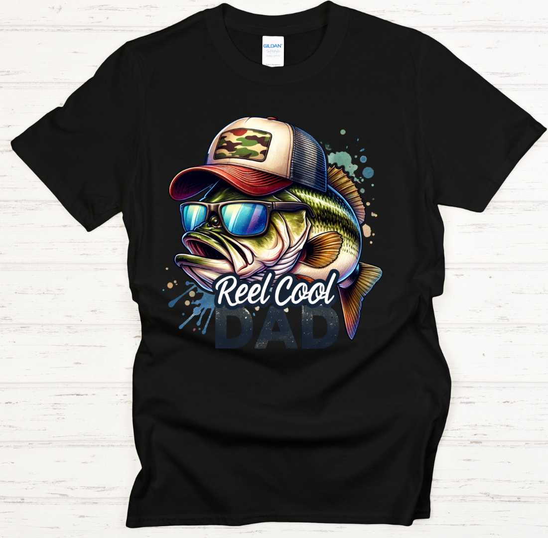 Reel Cool Dad Fishing Bass Graphic Shirt on Gildan Softstyle Tee