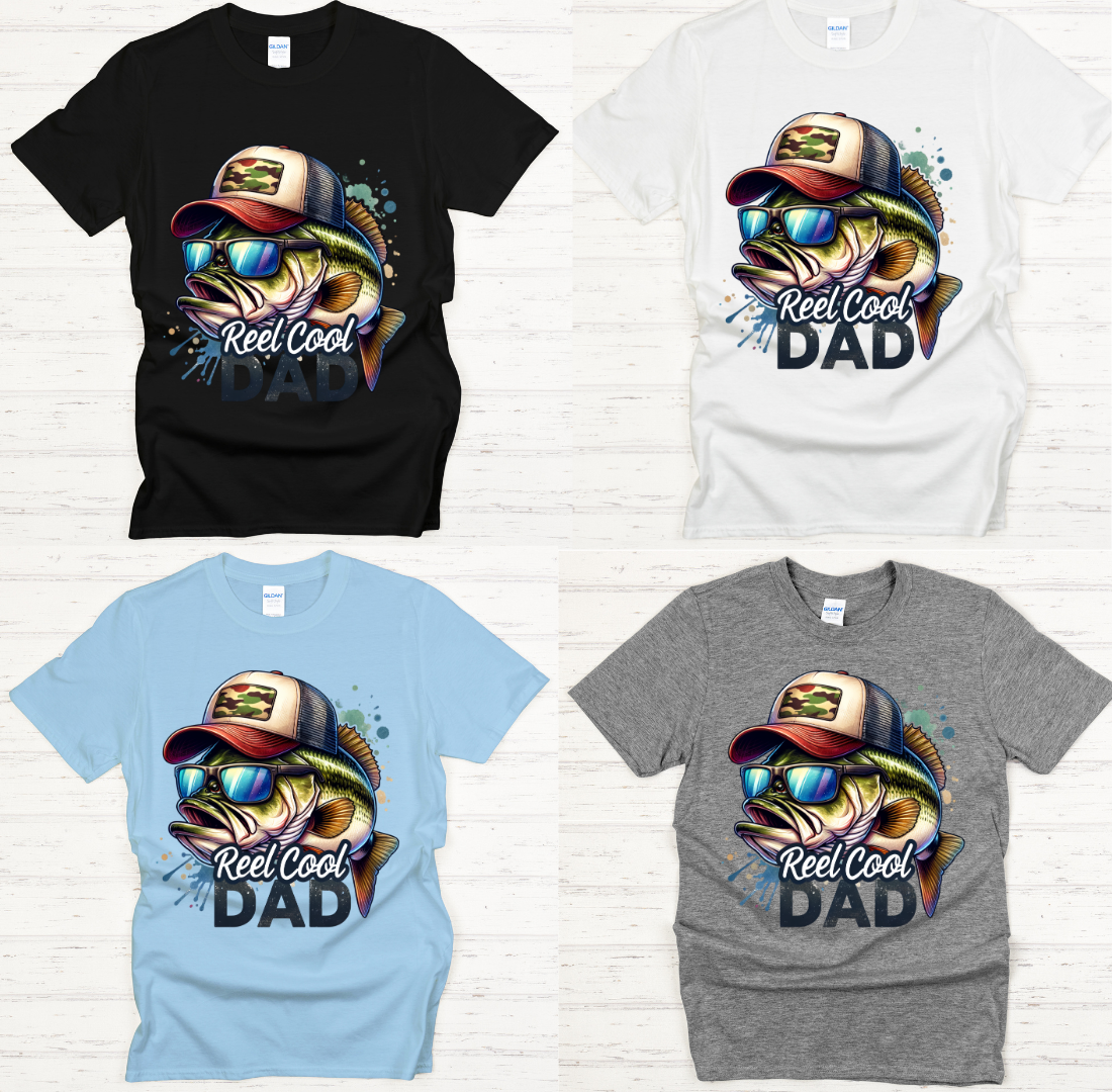 Reel Cool Dad Fishing Bass Graphic Shirt on Gildan Softstyle Tee