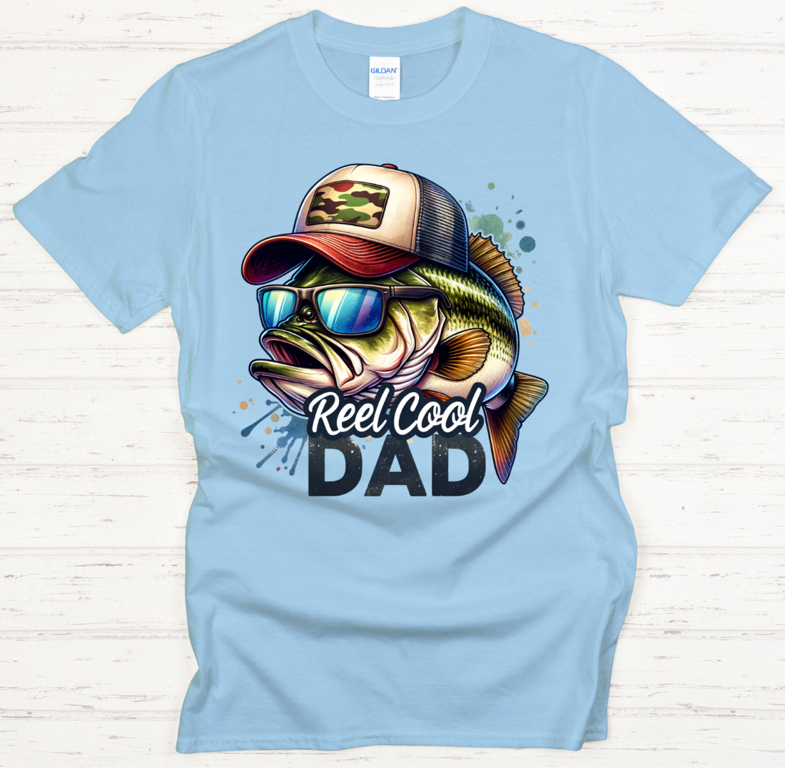 Reel Cool Dad Fishing Bass Graphic Shirt on Gildan Softstyle Tee