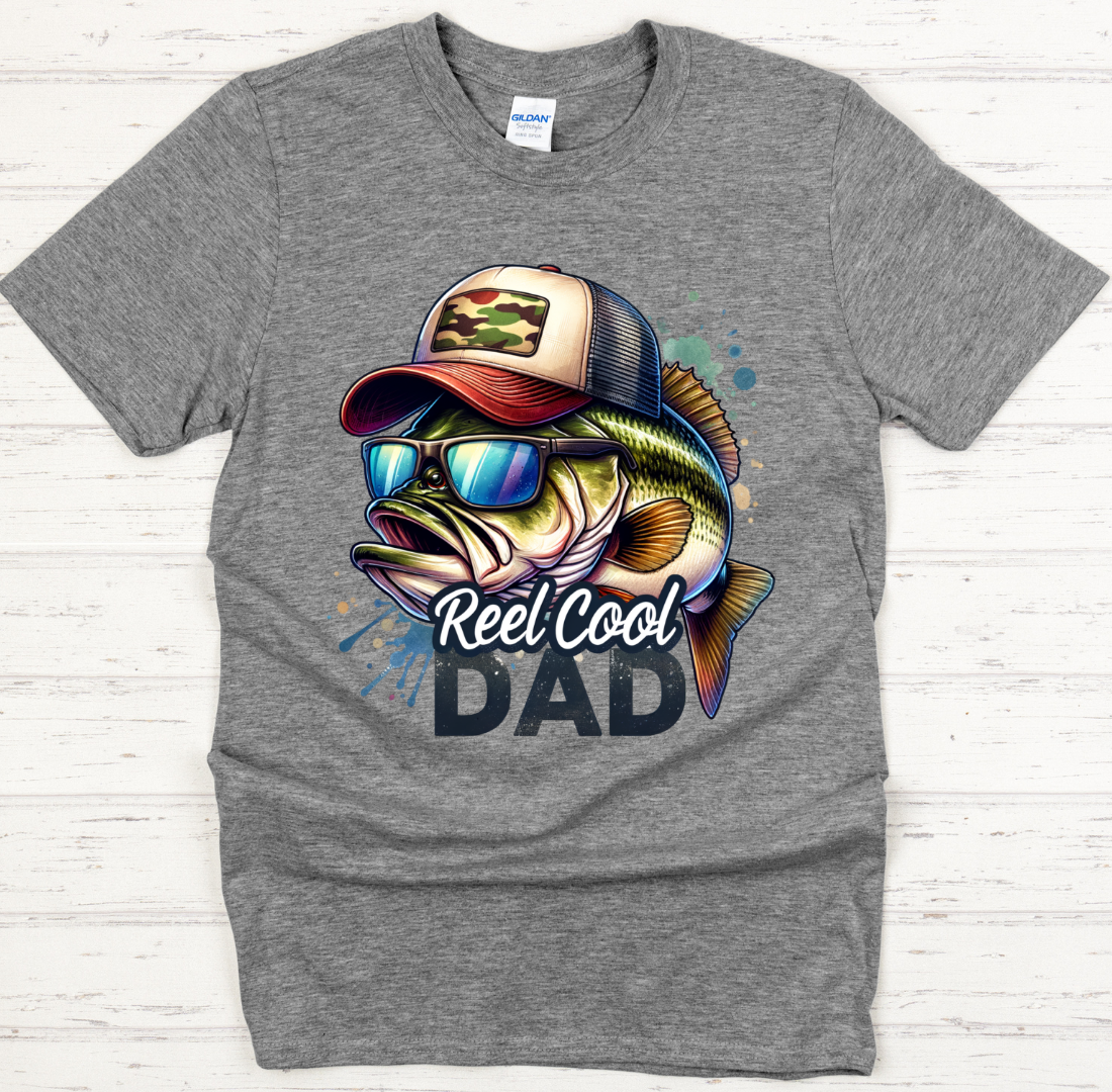 Reel Cool Dad Fishing Bass Graphic Shirt on Gildan Softstyle Tee
