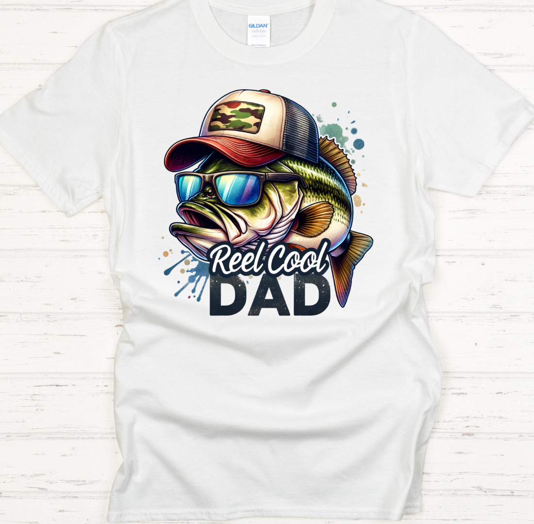 Reel Cool Dad Fishing Bass Graphic Shirt on Gildan Softstyle Tee