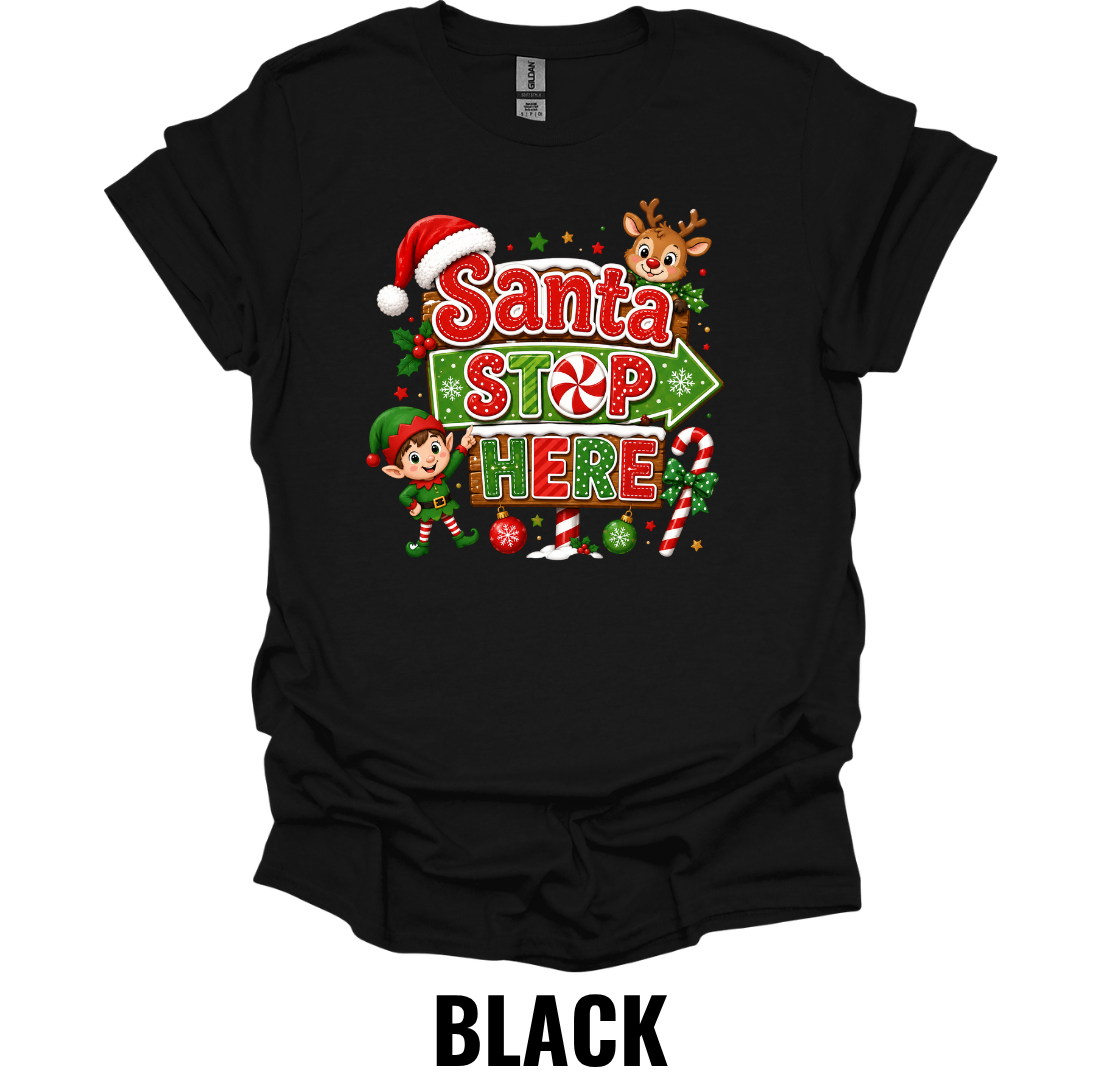 Santa Stop Here Youth Christmas T-Shirt – Cute Santa Stop Here Holiday Tee for Kids