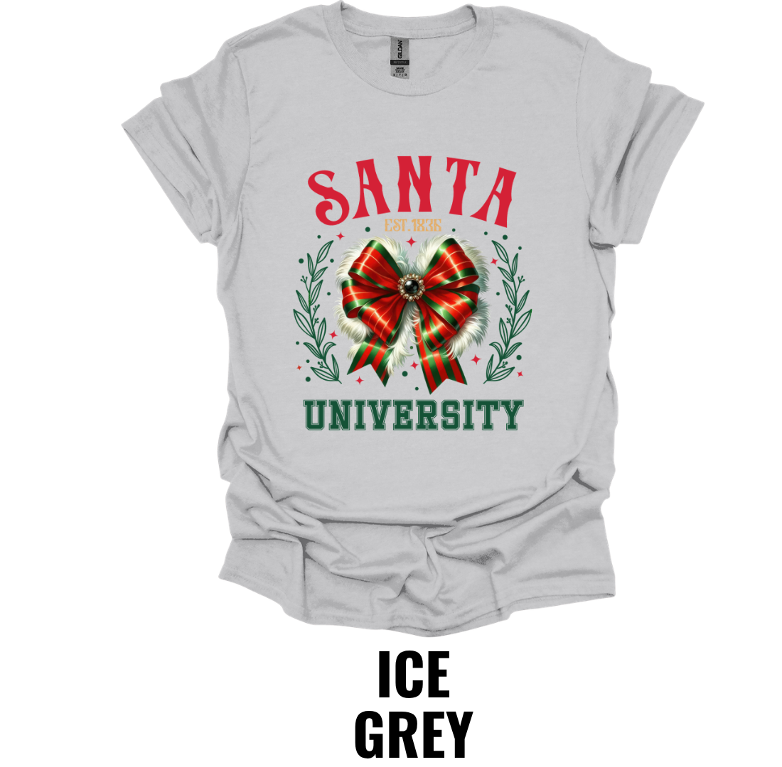 Santa University Christmas Shirt – Festive Holiday Bow Graphic Tee