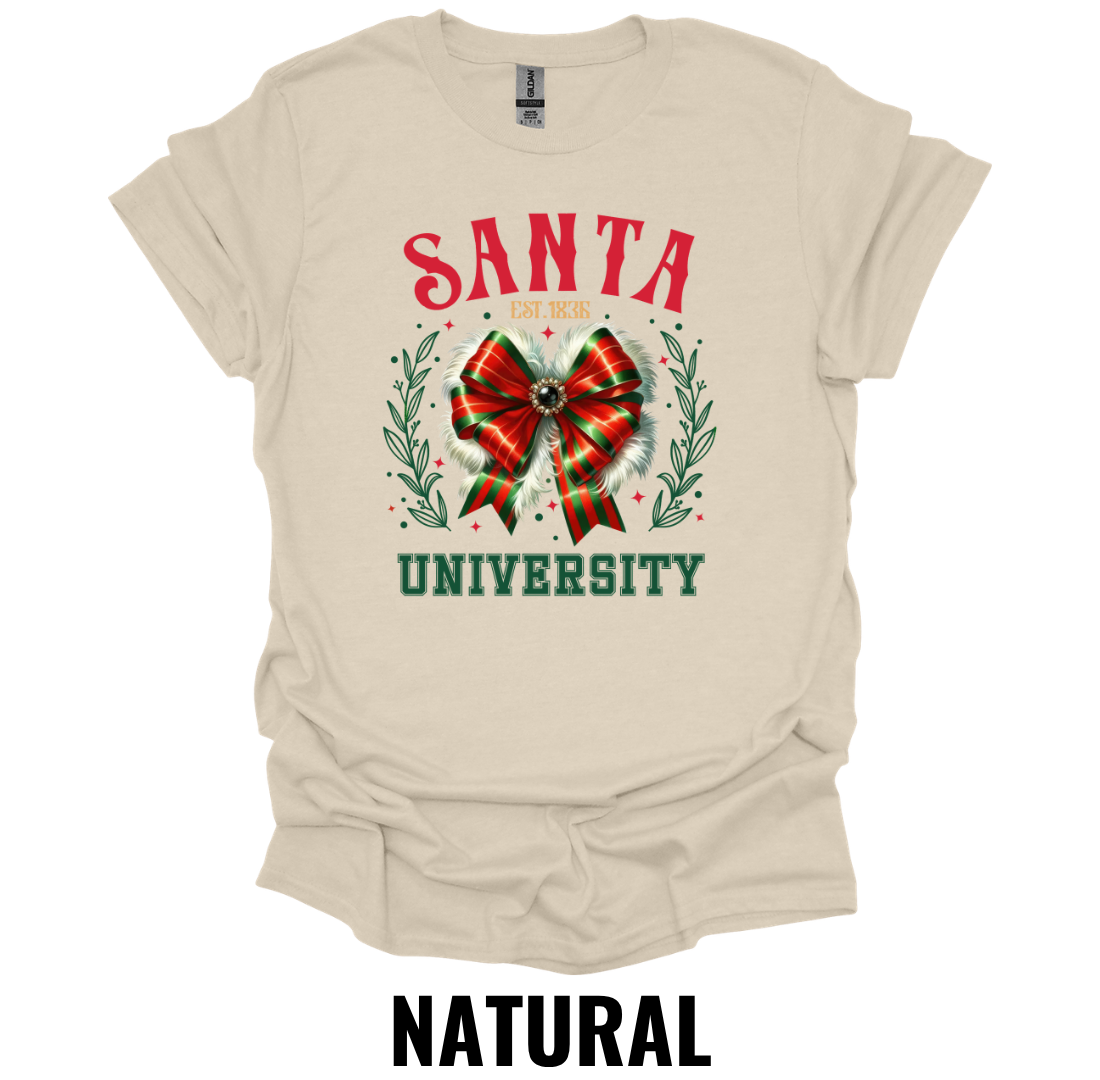 Santa University Christmas Shirt – Festive Holiday Bow Graphic Tee