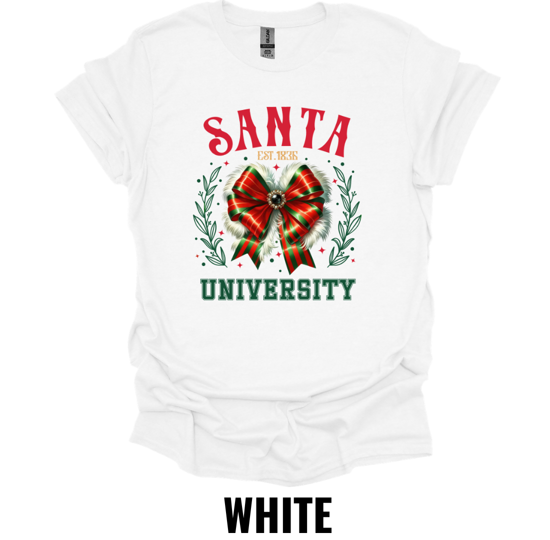 Santa University Christmas Shirt – Festive Holiday Bow Graphic Tee