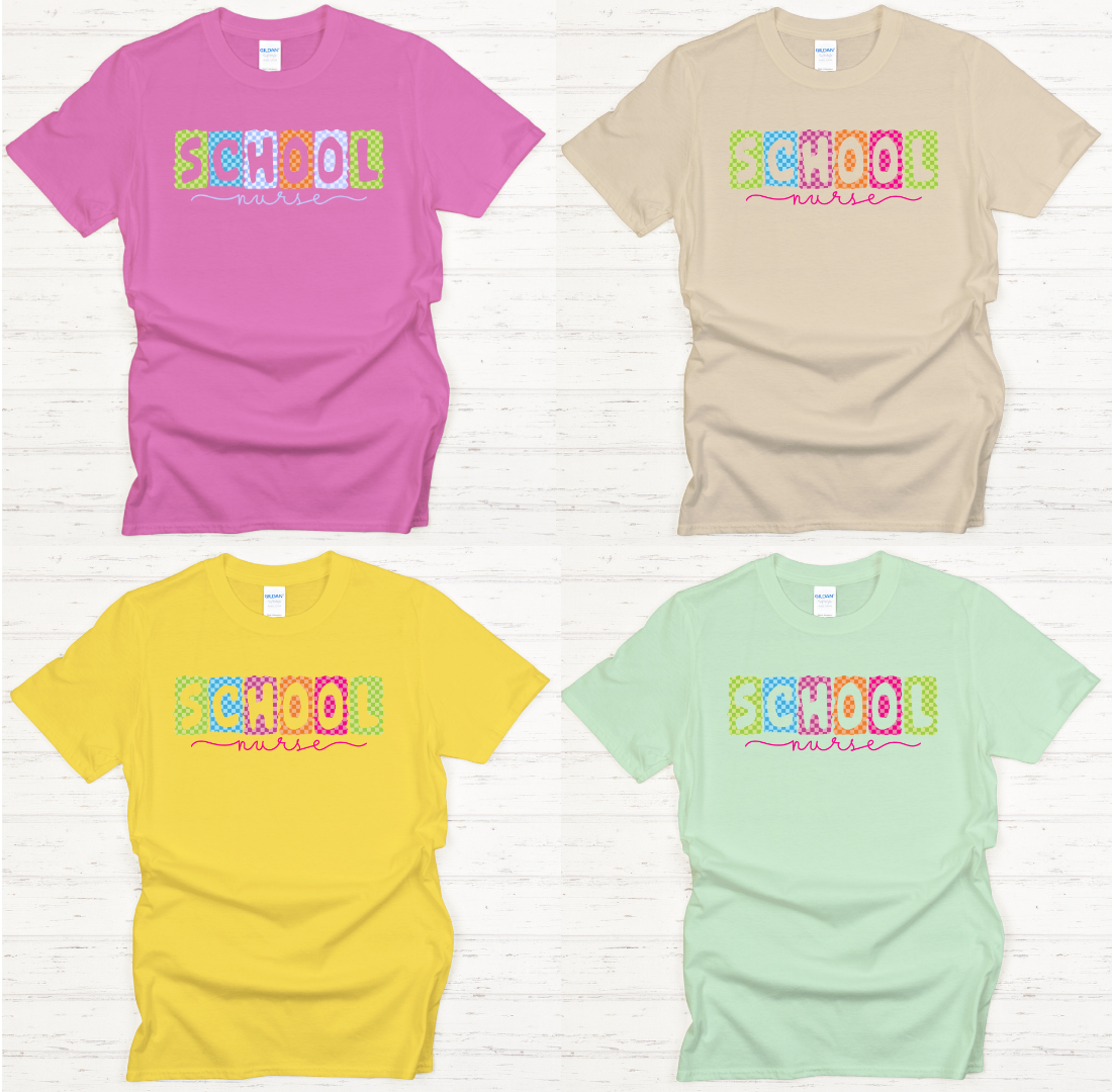 School Nurse Checkered Retro Graphic Shirt on Gildan Softstyle Tee