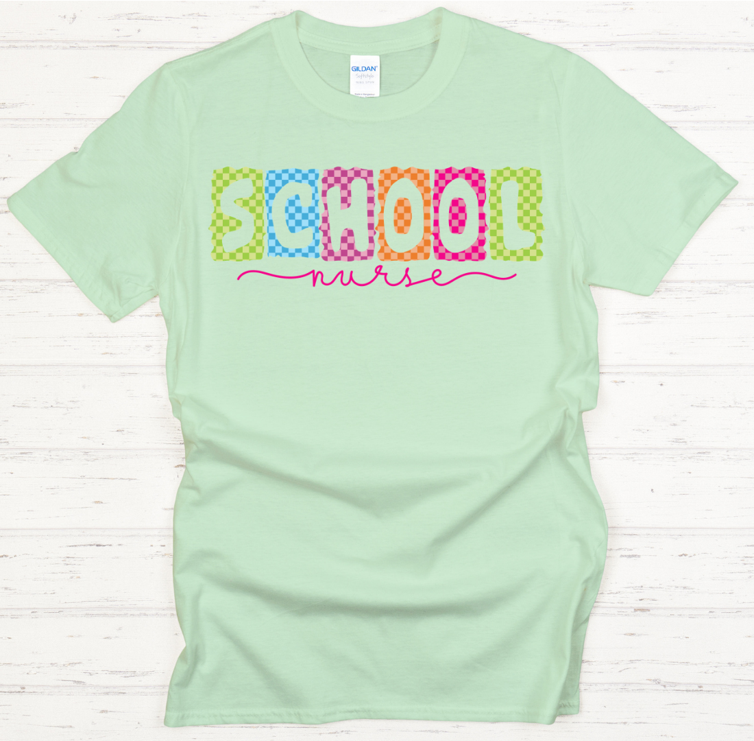 School Nurse Checkered Retro Graphic Shirt on Gildan Softstyle Tee