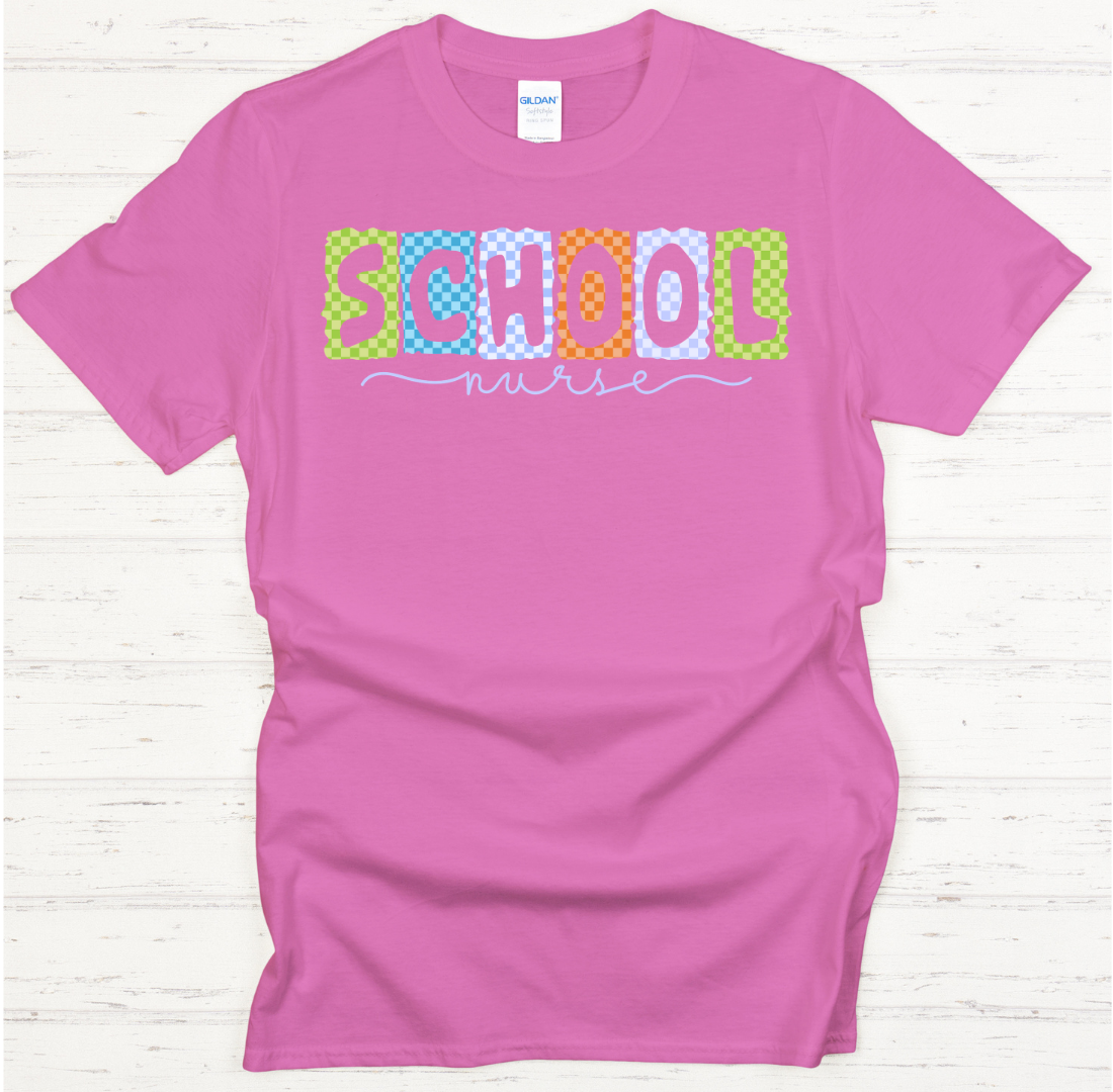 School Nurse Checkered Retro Graphic Shirt on Gildan Softstyle Tee