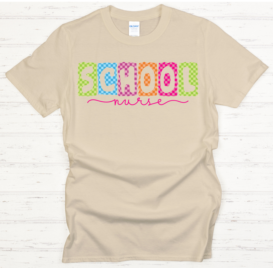 School Nurse Checkered Retro Graphic Shirt on Gildan Softstyle Tee
