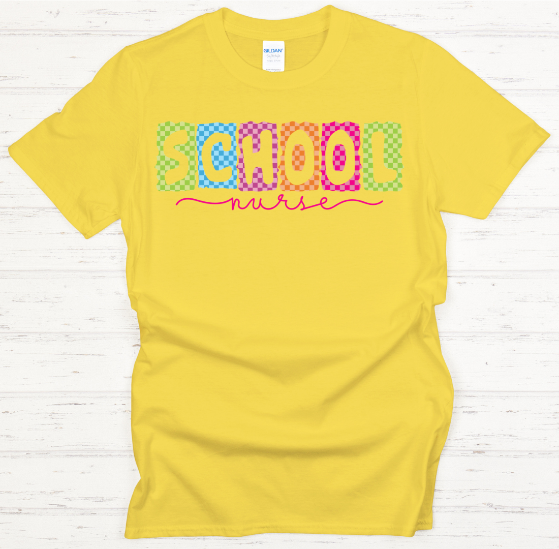 School Nurse Checkered Retro Graphic Shirt on Gildan Softstyle Tee