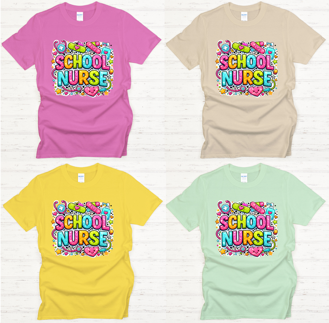 School Nurse Colorful Medical Graphic Shirt on Gildan Softstyle Tee