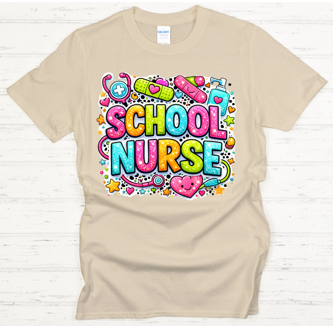 School Nurse Colorful Medical Graphic Shirt on Gildan Softstyle Tee