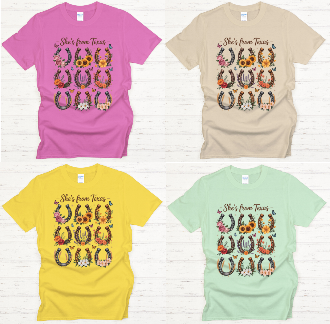 She's From Texas Horseshoe Floral Shirt – Western Wildflower Cowgirl Tee