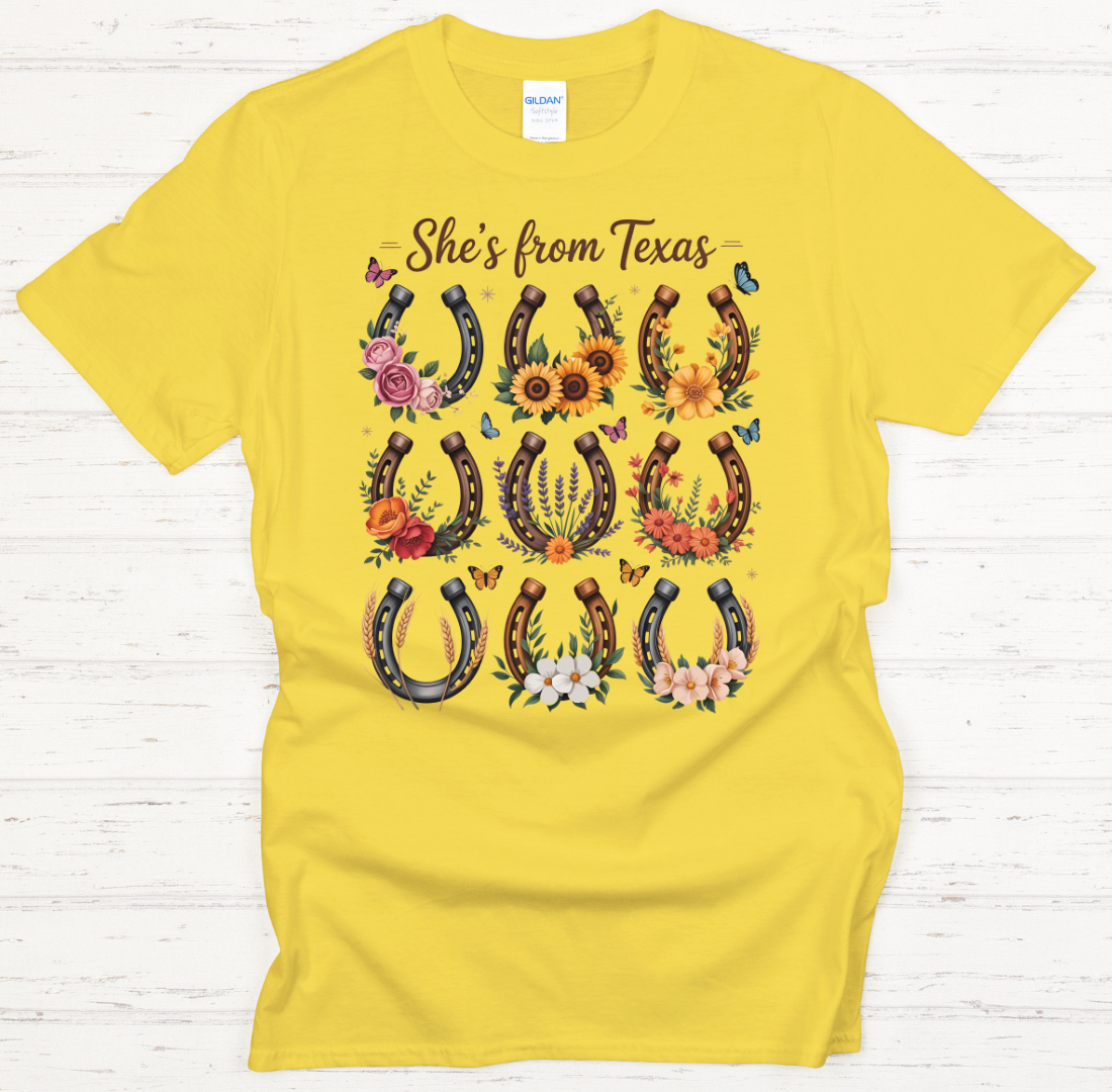 She's From Texas Horseshoe Floral Shirt – Western Wildflower Cowgirl Tee