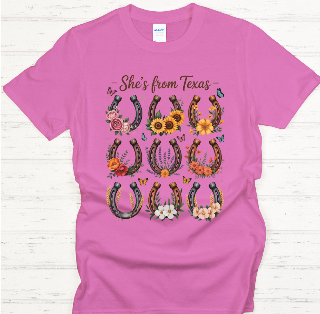 She's From Texas Horseshoe Floral Shirt – Western Wildflower Cowgirl Tee