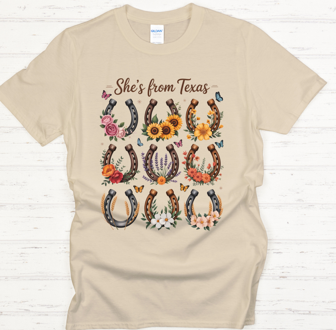 She's From Texas Horseshoe Floral Shirt – Western Wildflower Cowgirl Tee