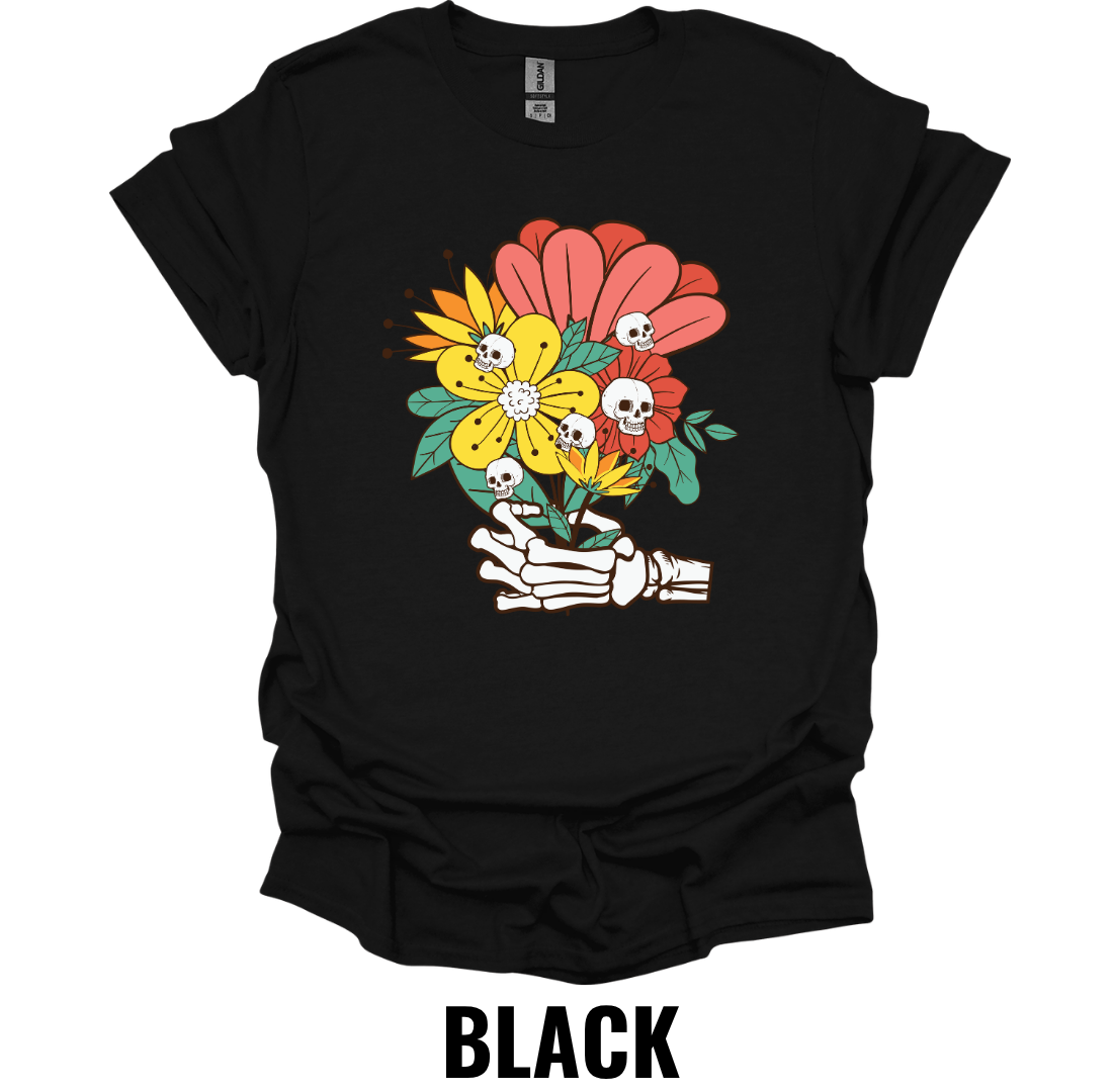 Skeleton Hand Flower Bouquet Shirt – Gothic Floral Graphic Tee