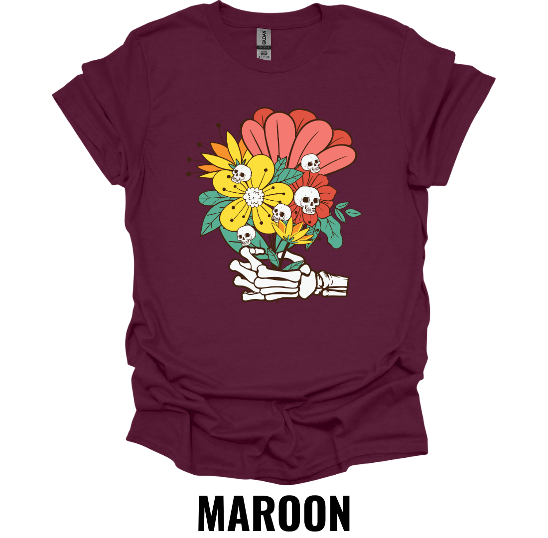 Skeleton Hand Flower Bouquet Shirt – Gothic Floral Graphic Tee